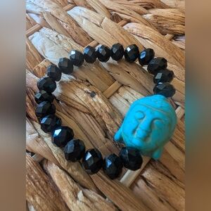 Black Beaded Elastic Bracelet with Blue Buddha Charm